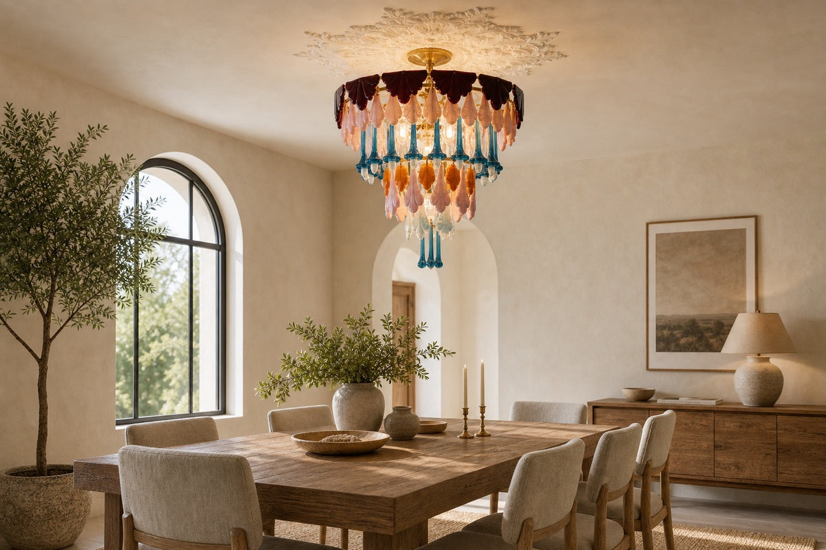 Colorful ceramic lily-of-the-valley chandelier shown as a project fixture example