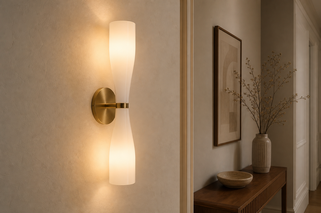 ARDEN LUME milky glass hourglass wall sconce in a warm hallway