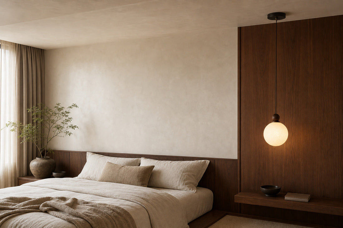 Small mulberry-silk globe pendant beside a low bed and dark-walnut wall paneling.