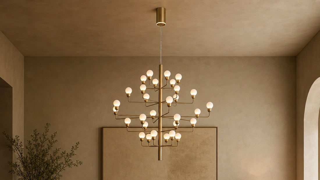 alabaster branch chandelier in Natural Brass above a dining table.