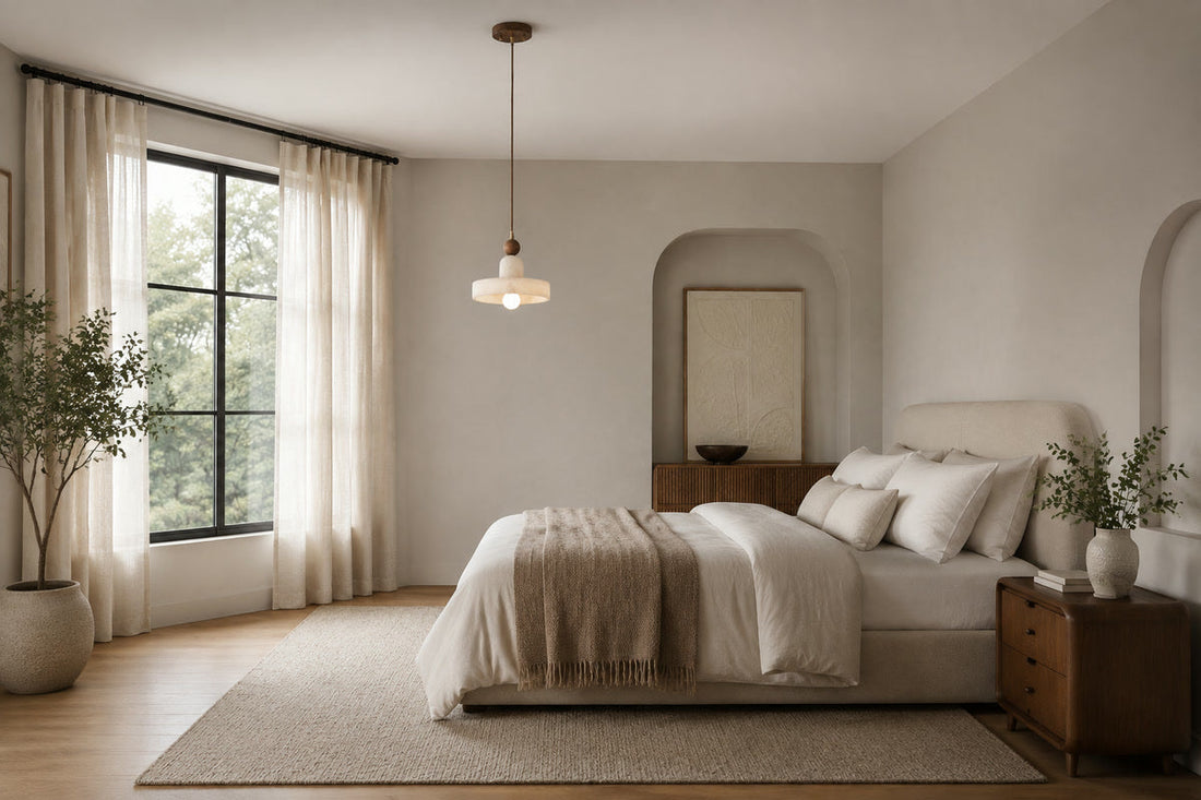 An alabaster and walnut disc pendant hangs beside a neutral upholstered bed.