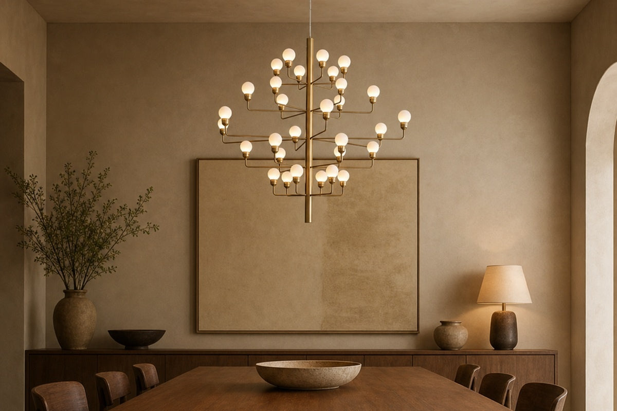 The 30-light Modern Alabaster Branch Chandelier in Natural Brass commanding a double-height architectural foyer.