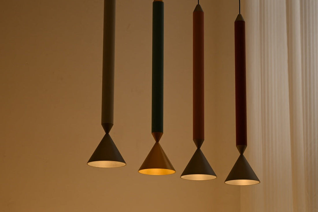 Exact-product row showing the White, Pink, Red, and Blue Modern Slim Cone Mini Pendant Light variants; screen color is not a finish-tolerance standard.