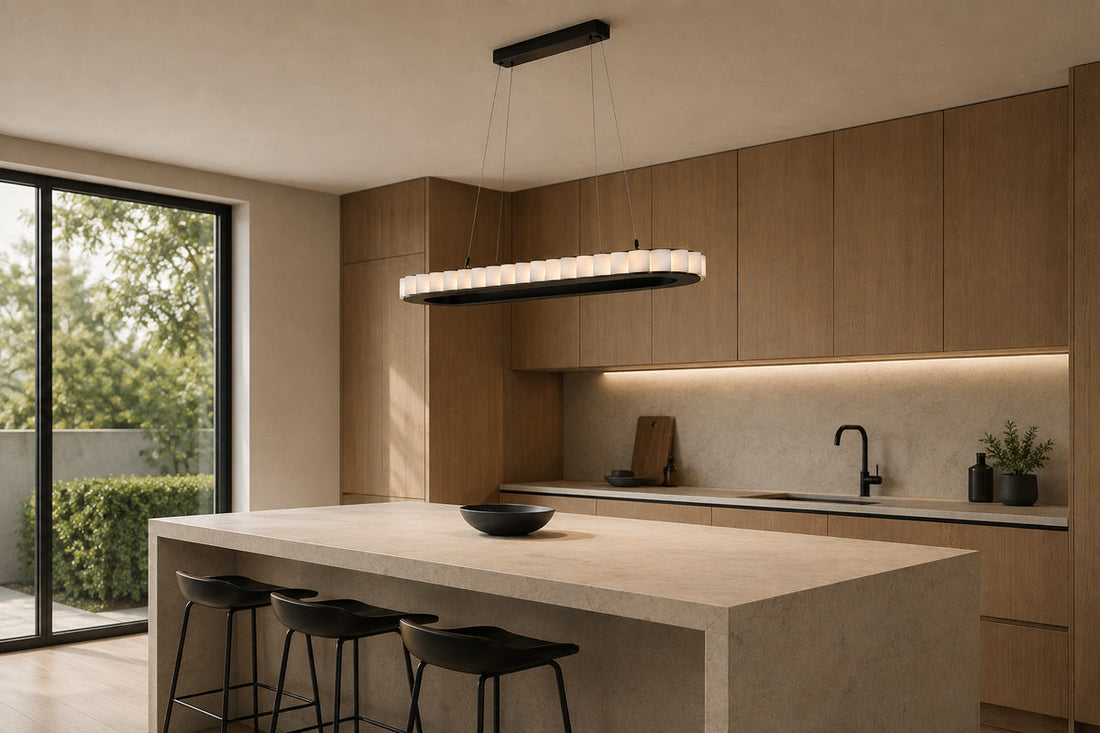 A linear alabaster chandelier with a matte-black frame hangs above a pale stone kitchen island with black stools and light wood cabinets.