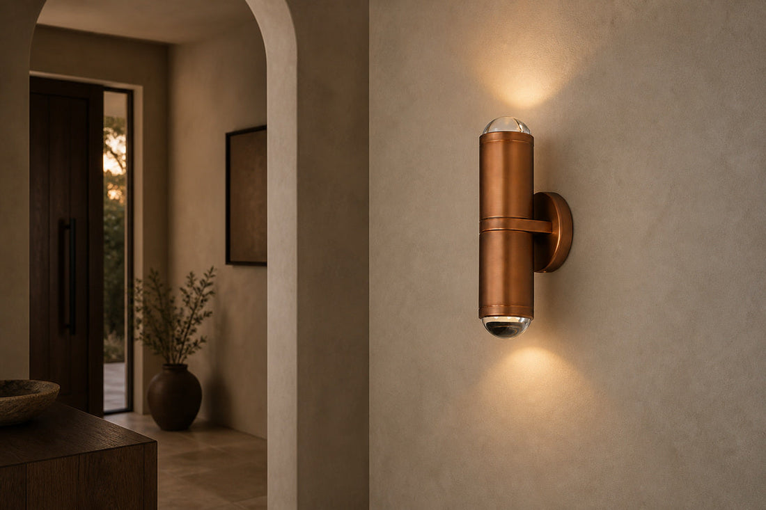 Single vintage-bronze crystal-glass cylinder wall sconce on a warm plaster wall in an arched entry corridor.
