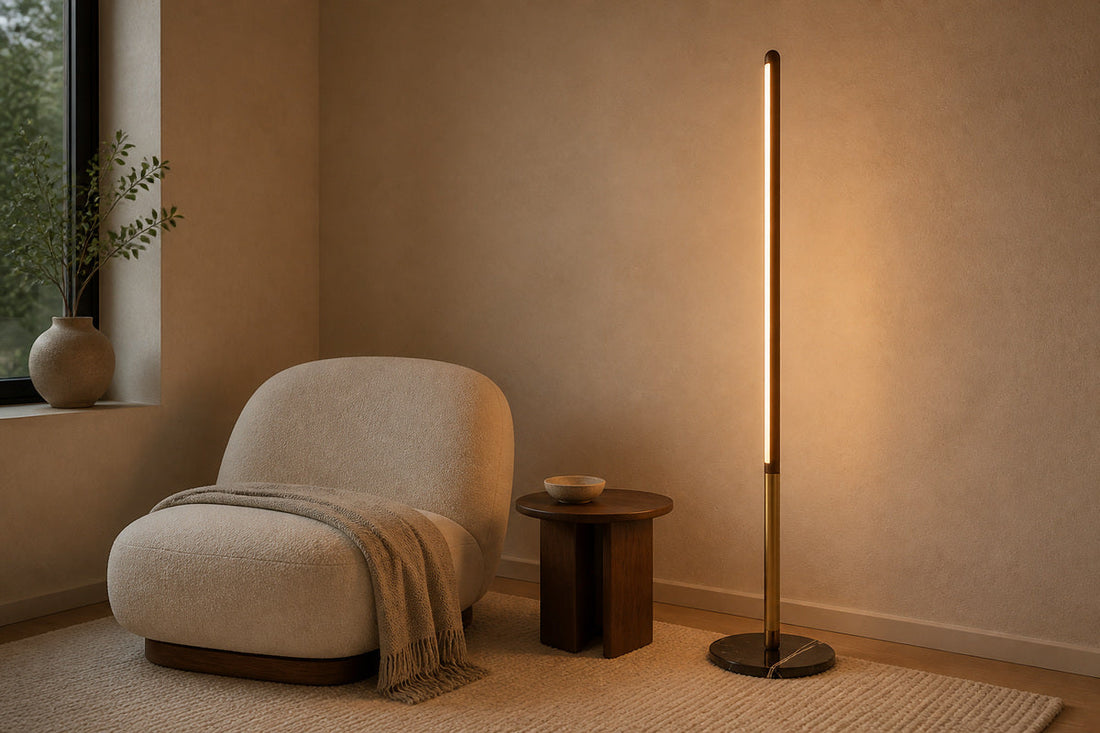 Complete walnut LED floor lamp with a marble base beside a neutral reading chair in a warm modern-organic room.