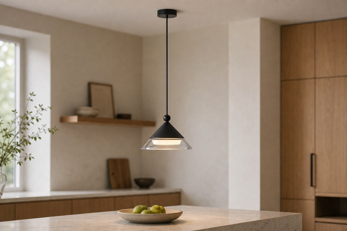 Geometric black aluminum and clear-glass pendant shown as the dominant fixture above a pale stone kitchen island.