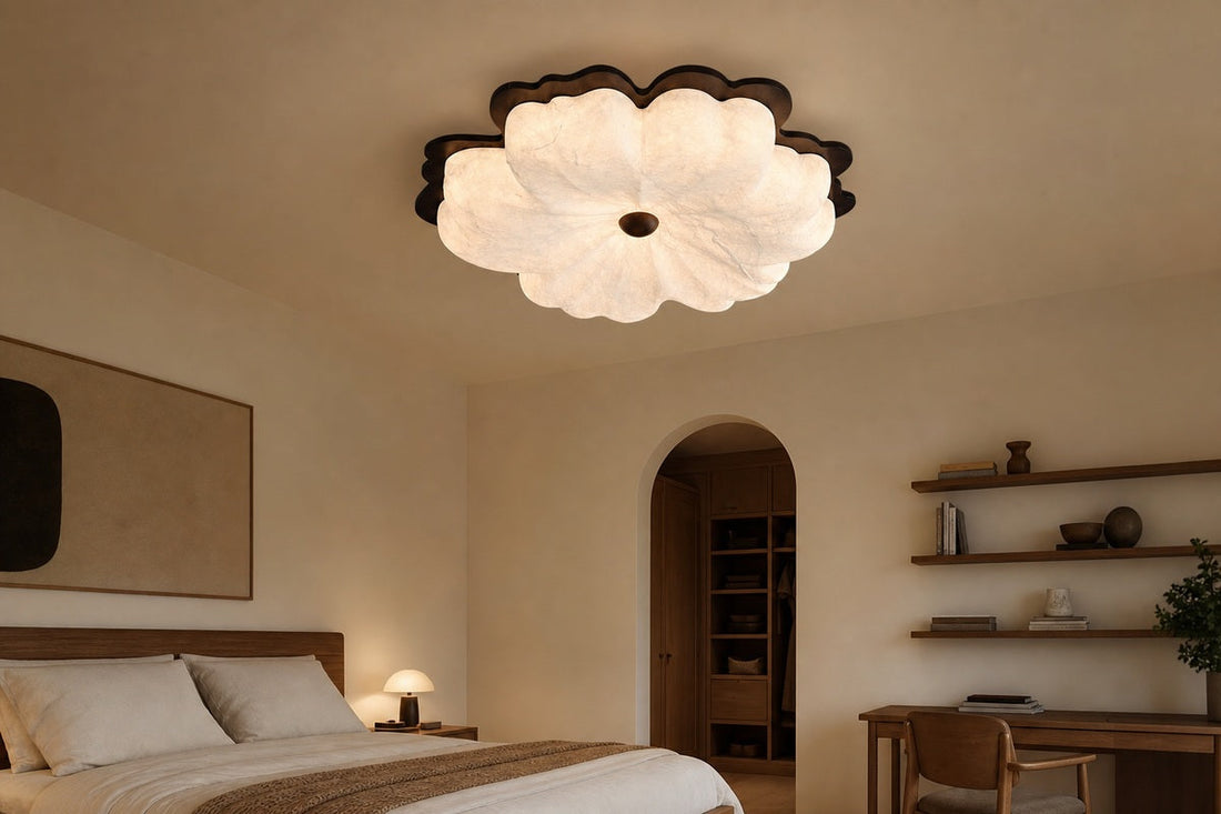 ARDEN LUME mulberry silk flower ceiling light installed in a warm bedroom and study setting.