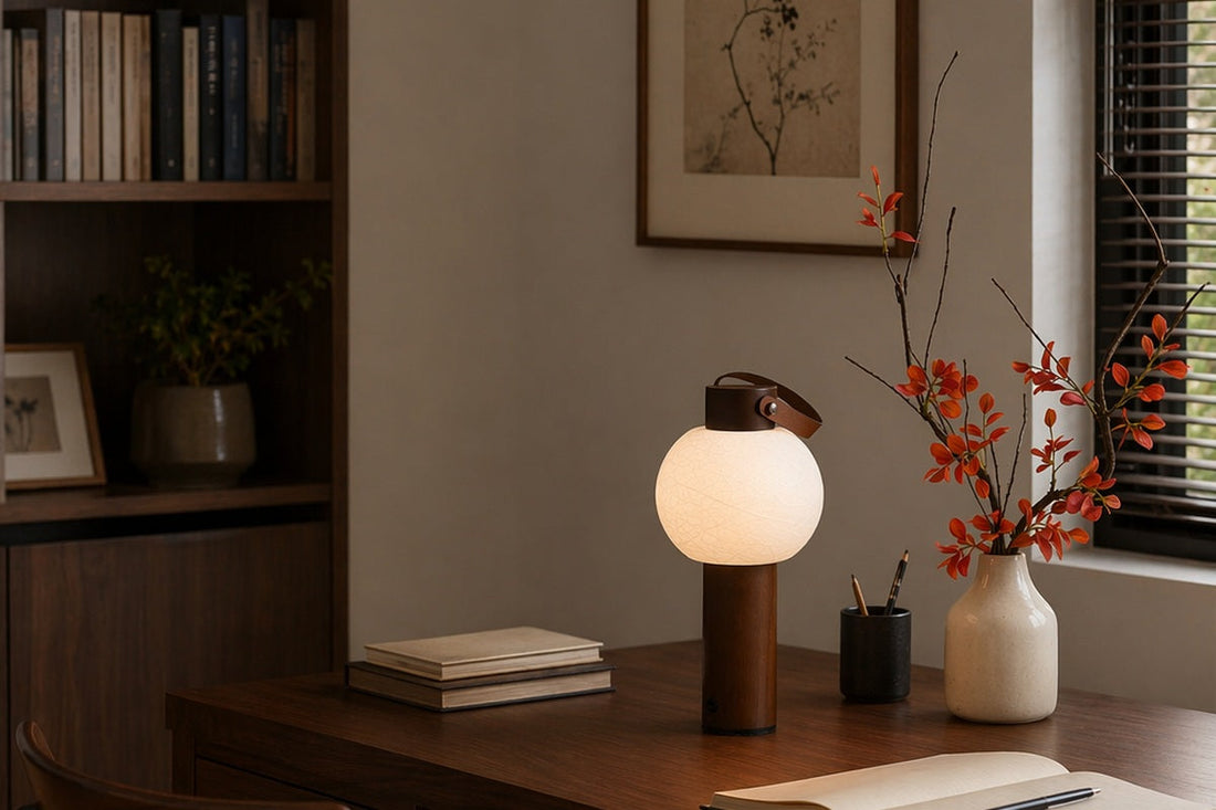 Portable Silk-Effect Acrylic Table Lamp on a study desk with the lamp clearly dominant in a warm wood interior.
