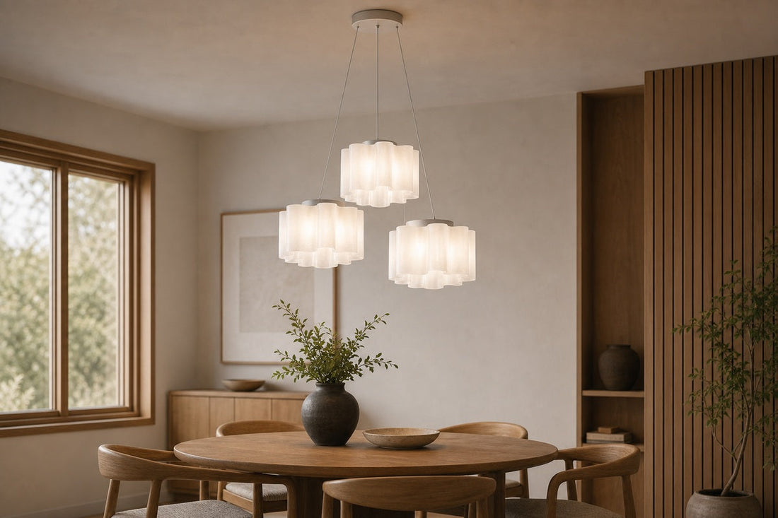 Three-light white molded-glass cluster pendant shown as the dominant fixture above a round wood dining table.