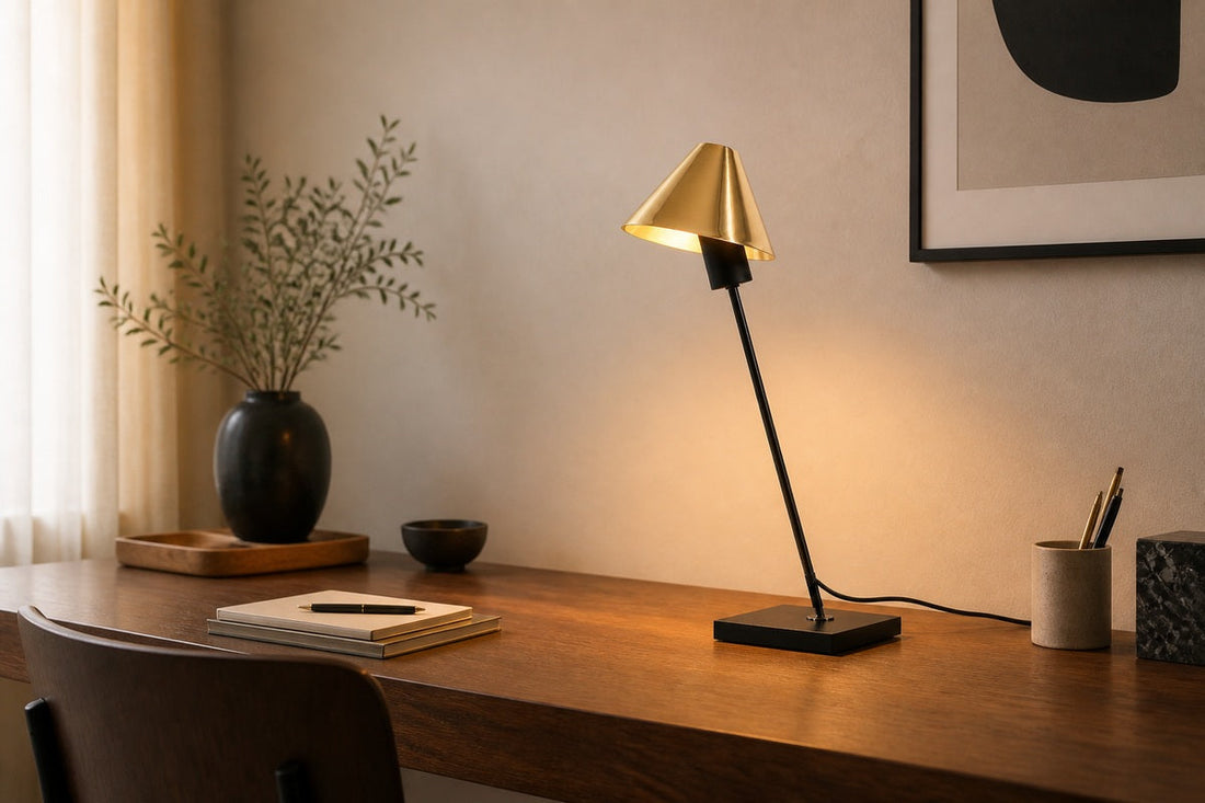 AI-assisted wide desk scene showing the exact Gold cone table lamp with its gold shade, angled black stem, cable, and black rectangular base.