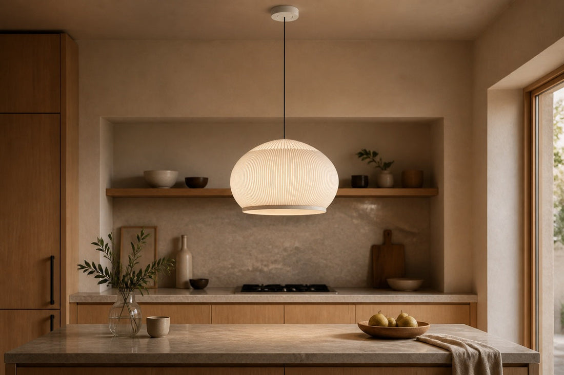 Modern Ribbed Dome Pendant Light above a warm wood dining area in a neutral interior.