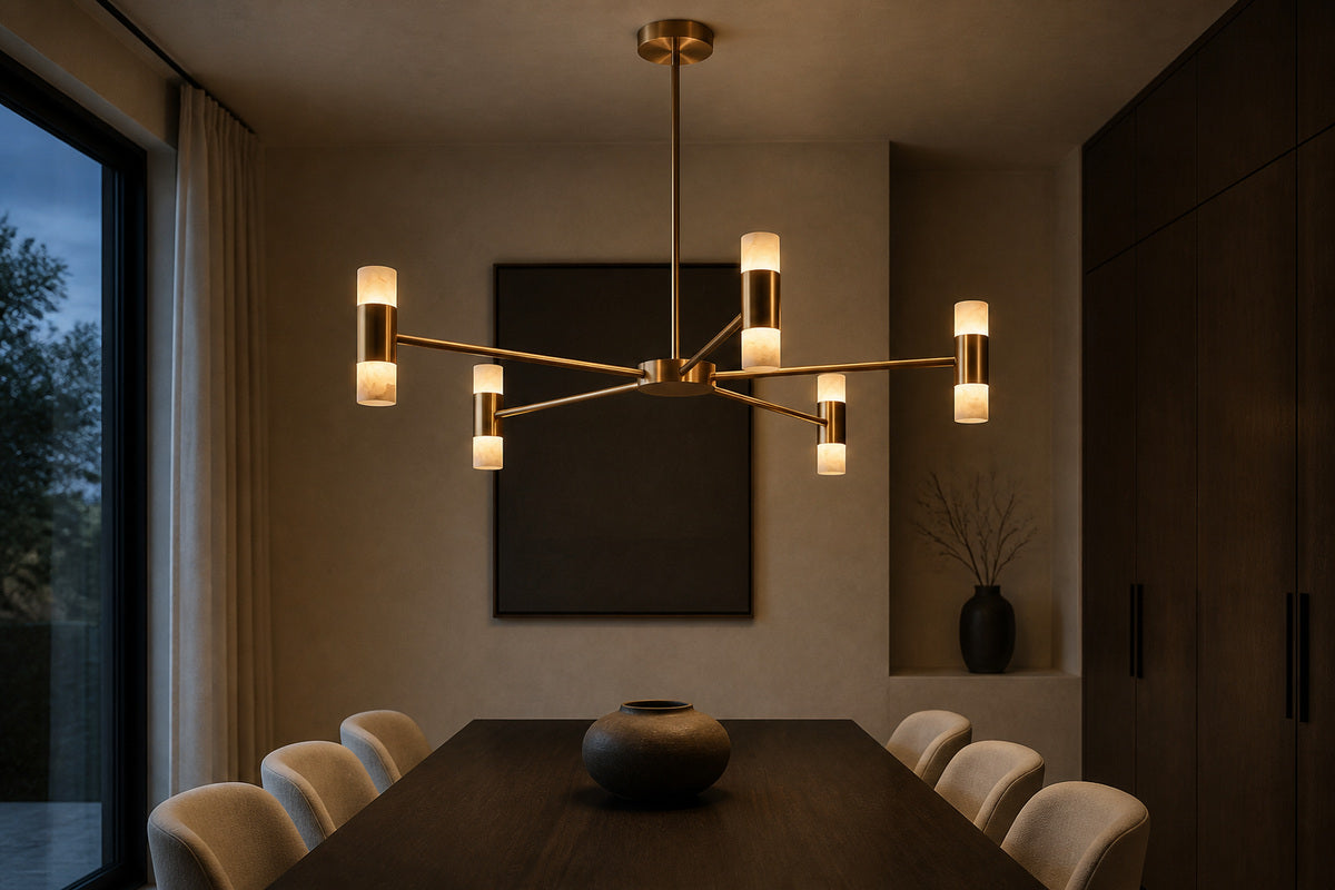 AI-assisted lifestyle visualization of the Natural Copper alabaster branch chandelier above a dark dining table at blue hour.