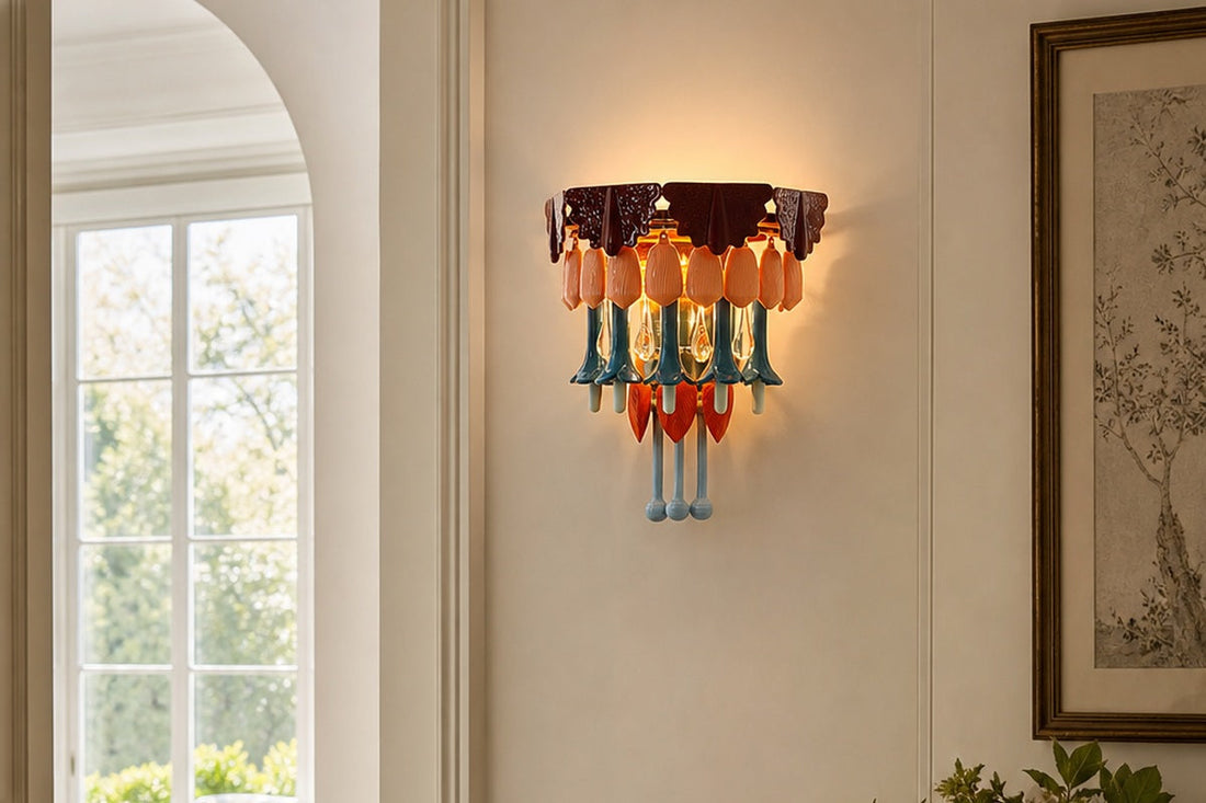 AI-assisted hallway visualization of the exact Colorful Ceramic Floral Wall Sconce on a warm neutral wall.