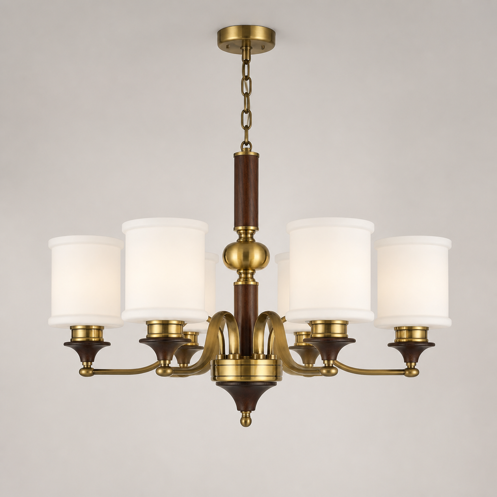 Alderleigh six-light chandelier clean hero with complete ceiling canopy