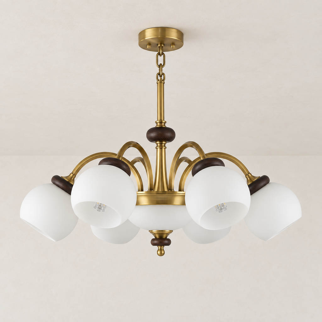 Arborenne six-light milk glass and ash wood chandelier with a flush ceiling canopy and two-link suspension