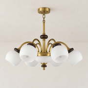 Arborenne six-light milk glass and ash wood chandelier with a flush ceiling canopy and two-link suspension