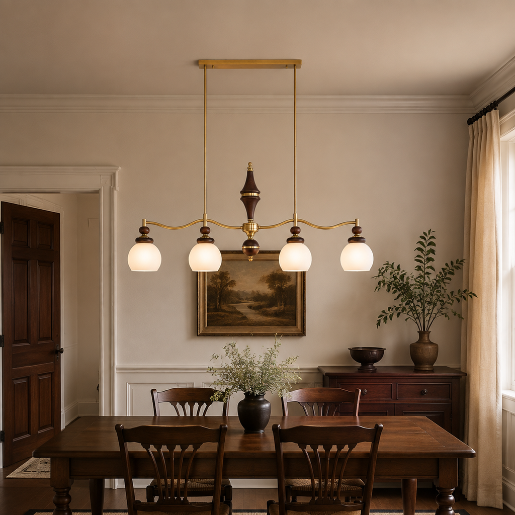 Arclorune four-light opal globe wood linear chandelier mounted flush to a warm finished ceiling