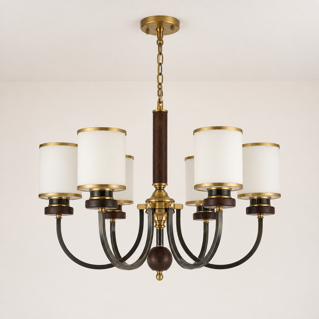 Ashbourne six-light chandelier clean hero with complete ceiling canopy