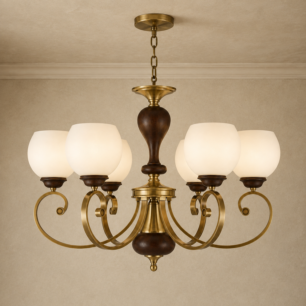 Aurellane Opal Glass, Antique Brass and Ash Wood Chandelier clean warm neutral ceiling-connected hero