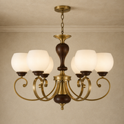 Aurellane Opal Glass, Antique Brass and Ash Wood Chandelier clean warm neutral ceiling-connected hero