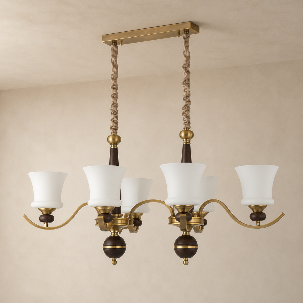 Brontelle six-light linear chandelier clean hero with a flush rectangular ceiling canopy