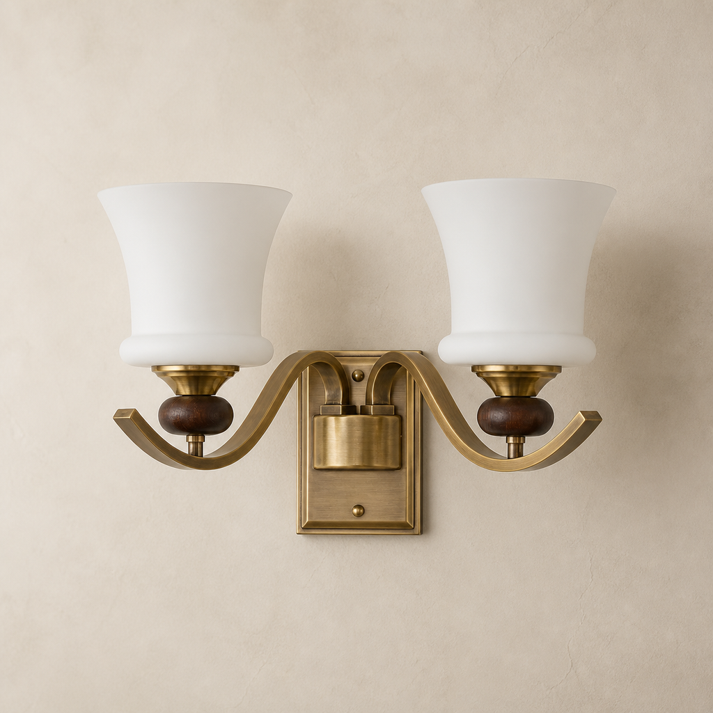 Brontelle two-light wall sconce clean hero with the wall plate flush to plaster