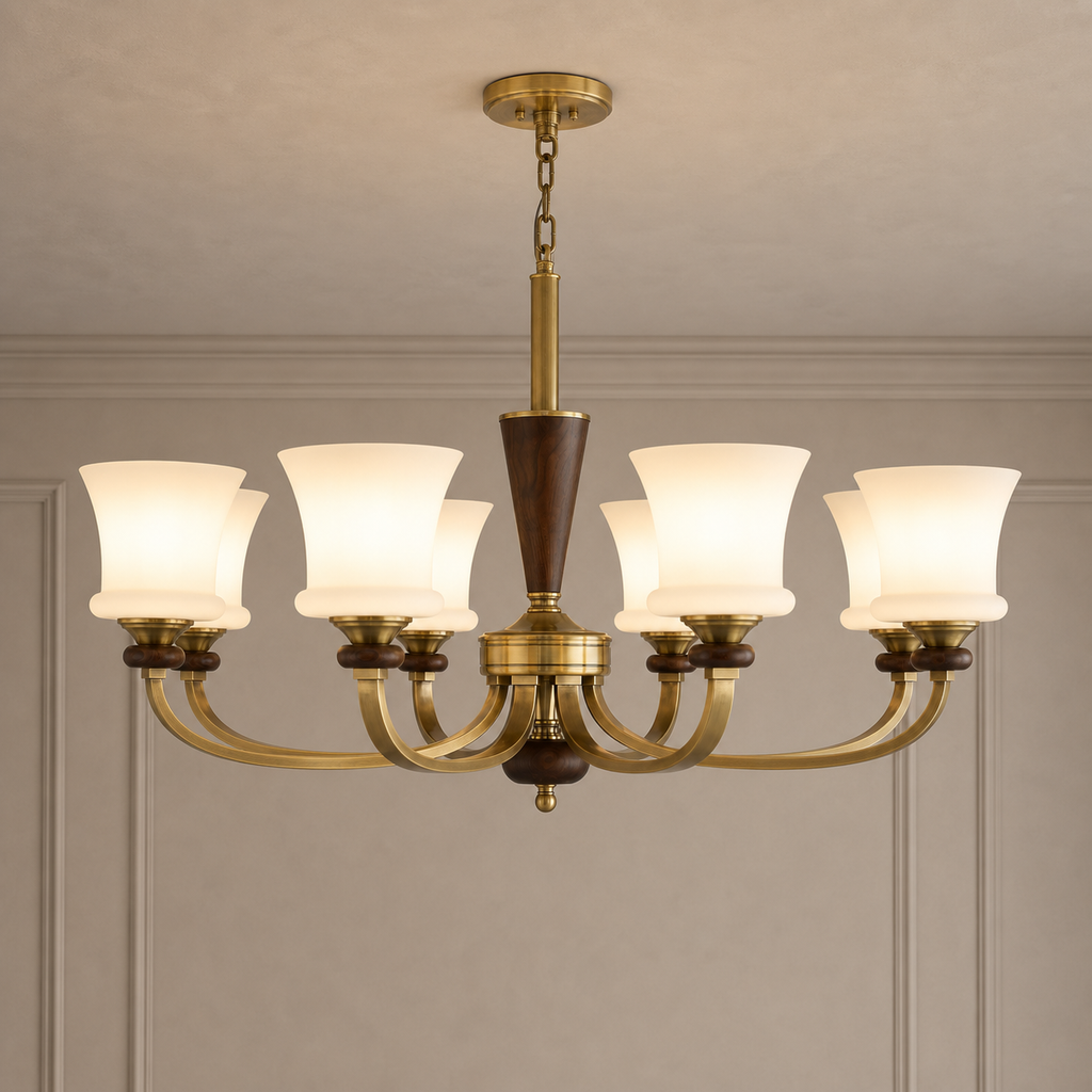 Caldrienne eight-light chandelier product hero on a warm greige background