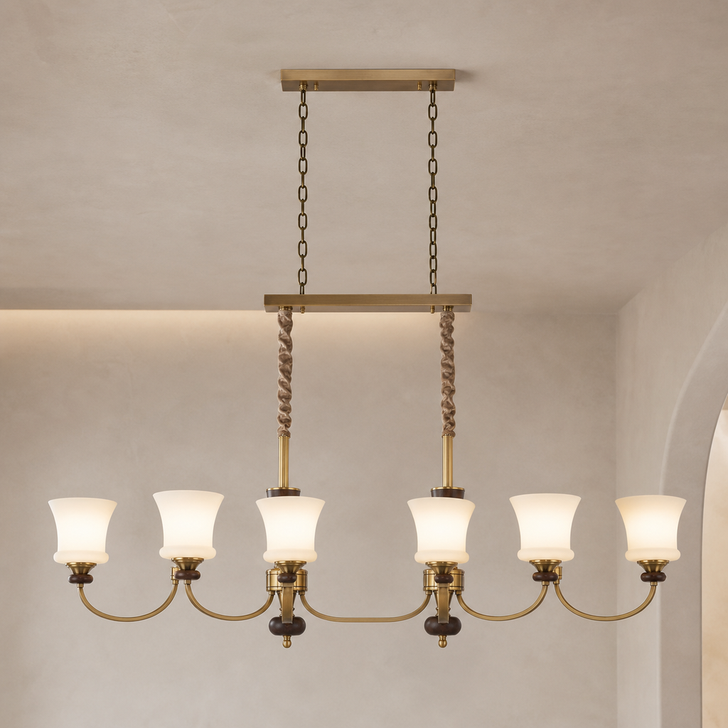Caldrienne six-light linear chandelier product hero on a warm greige background