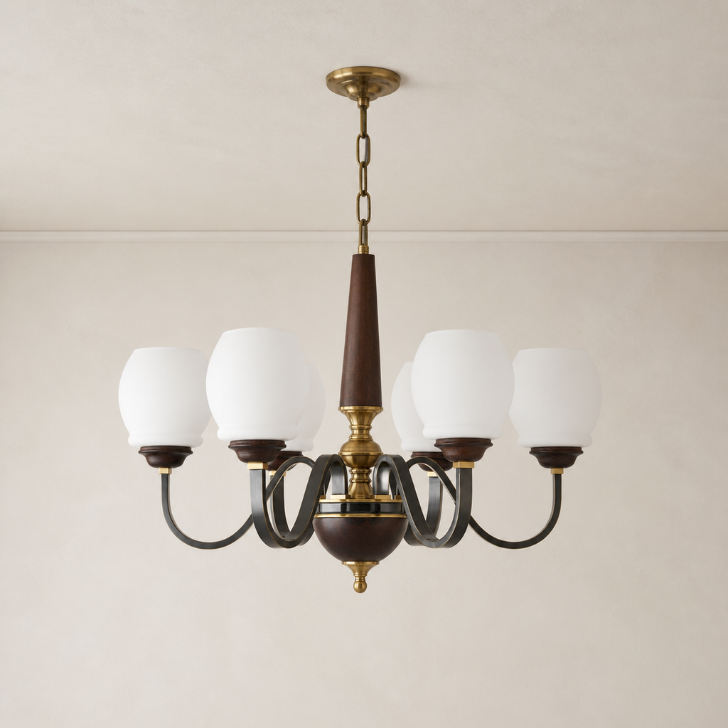 Caldwell six-light chandelier clean hero with complete ceiling canopy