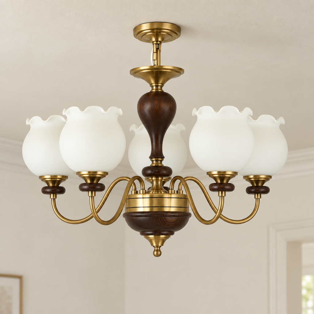 Calyxmere Scalloped Milk Glass and Ash Wood Chandelier complete installed product view with a finished ceiling and canopy
