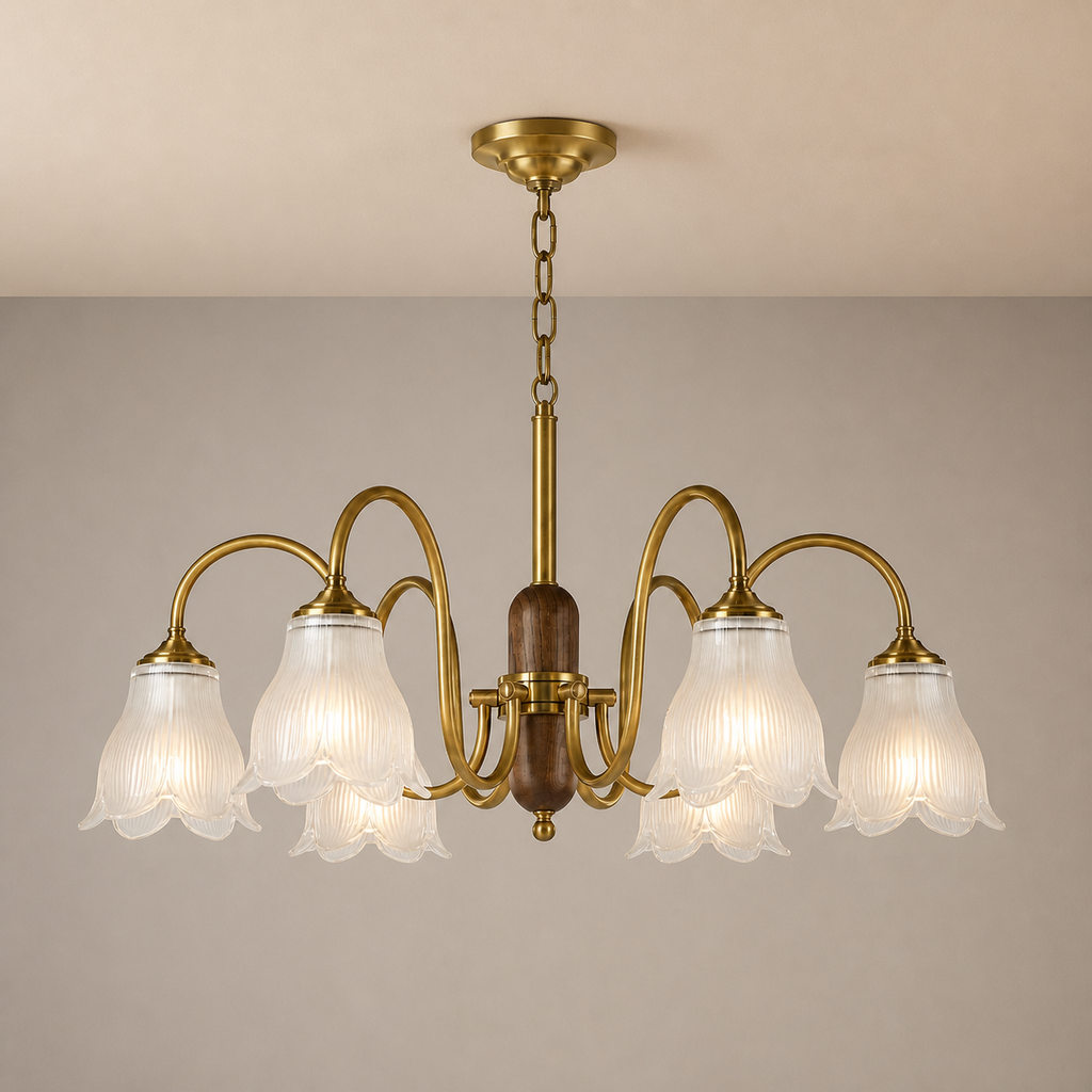 Bellarune Ribbed Bell Glass and Walnut Chandelier clean warm neutral wall-top hero