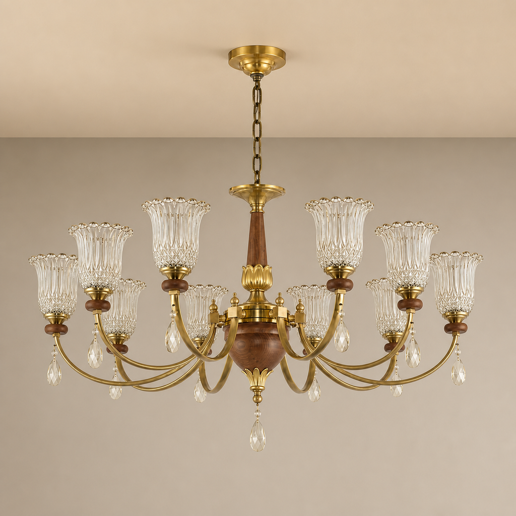 Tulverna Ribbed Tulip Glass and Wood Chandelier clean warm neutral wall-top hero