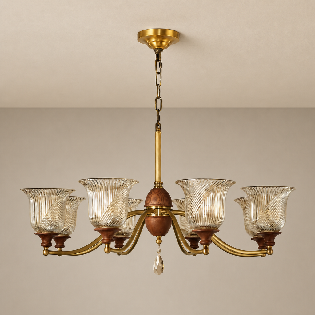 Elowen Antique Brass, Wood and Ribbed Glass Chandelier clean warm neutral wall-top hero