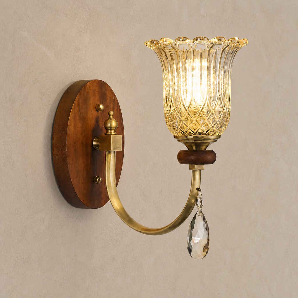 Tulverna Ribbed Tulip Glass and Wood Wall Sconce clean warm neutral wall-top hero