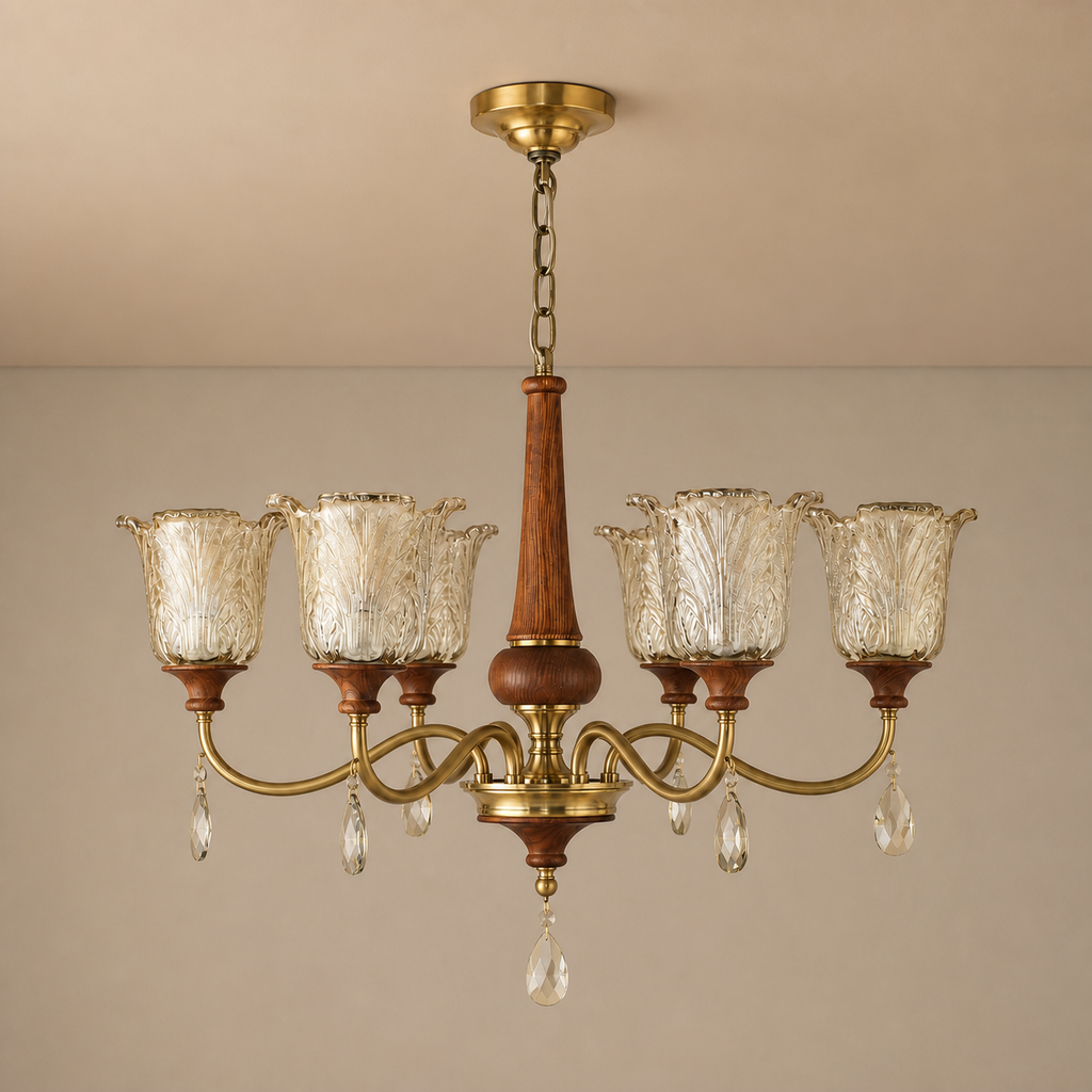 Aurelia Antique Brass Floral Glass Chandelier with Wood Accents clean warm neutral wall-top hero