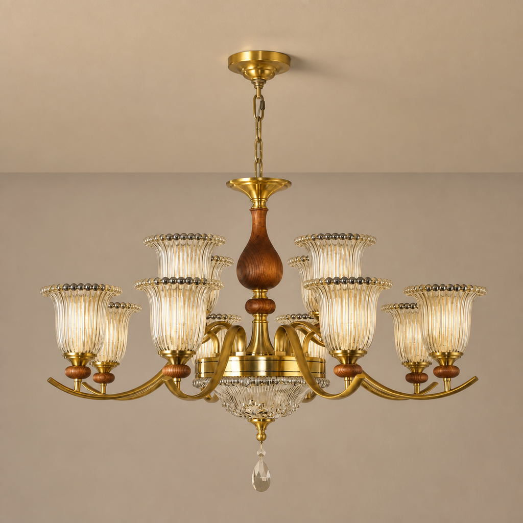 Tullienne Ribbed Tulip Glass and Wood Chandelier clean warm neutral wall-top hero