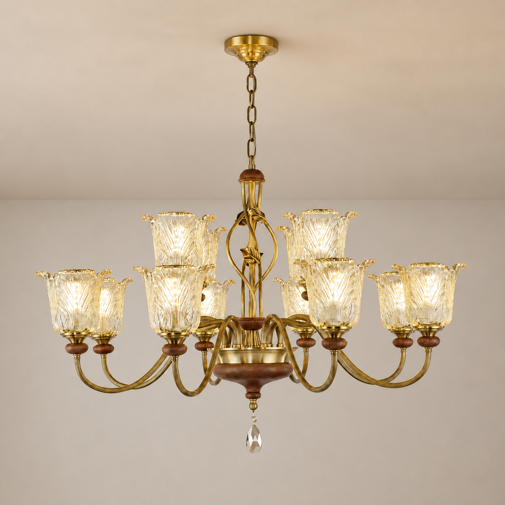 Sylvaris Sculpted Leaf Glass and Wood Chandelier clean warm neutral wall-top hero
