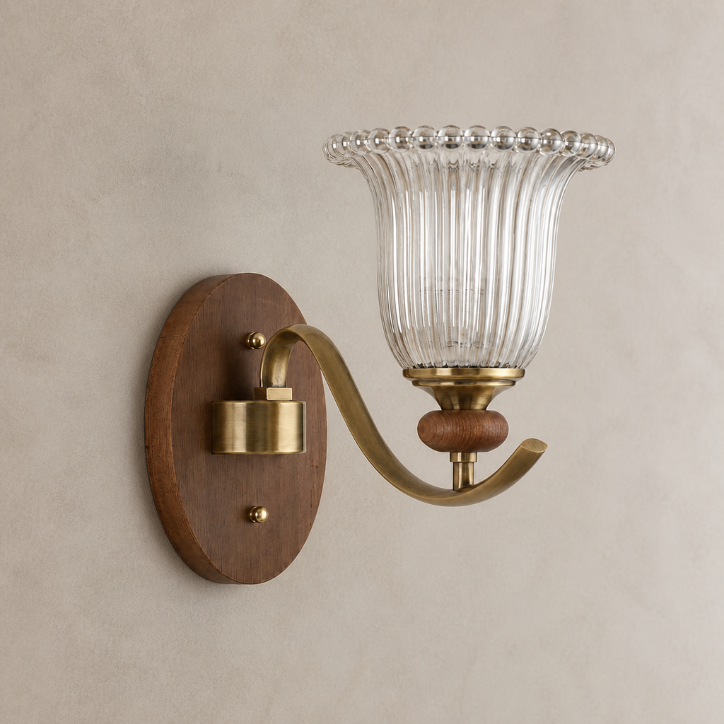 Tullienne Ribbed Tulip Glass and Wood Wall Sconce clean warm neutral wall-top hero