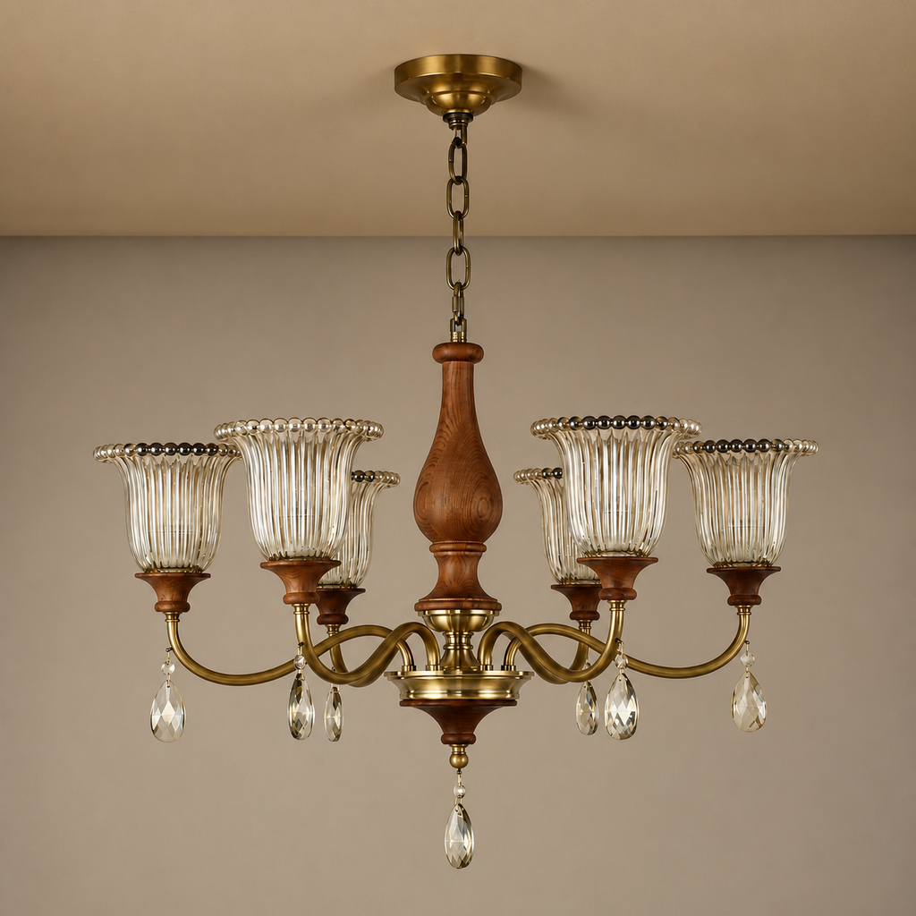 Rosalind Antique Brass Ribbed Glass Chandelier with Wood Accents clean warm neutral wall-top hero