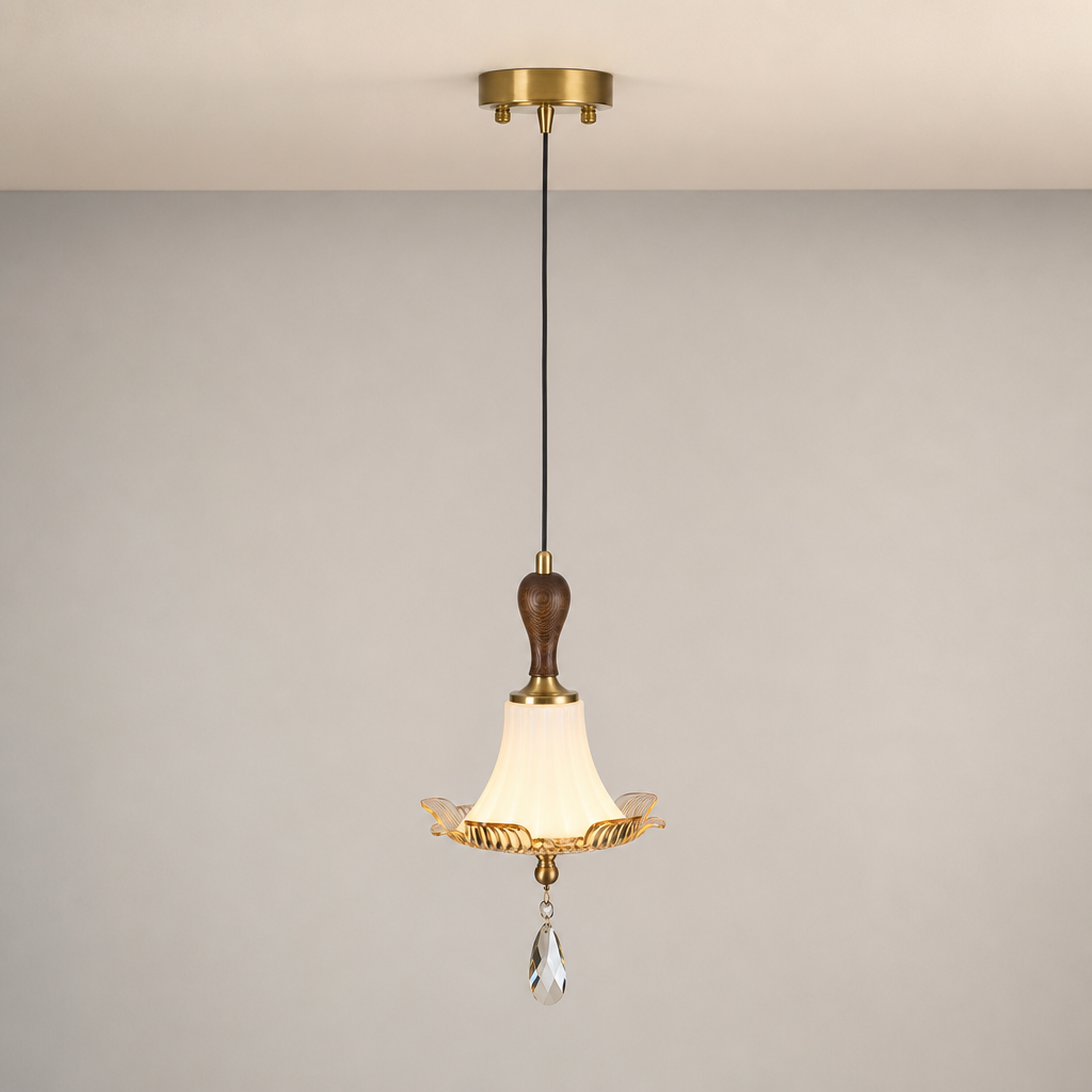 Celestine Fluted Tulip Glass and Walnut Pendant Light clean warm neutral wall-top hero