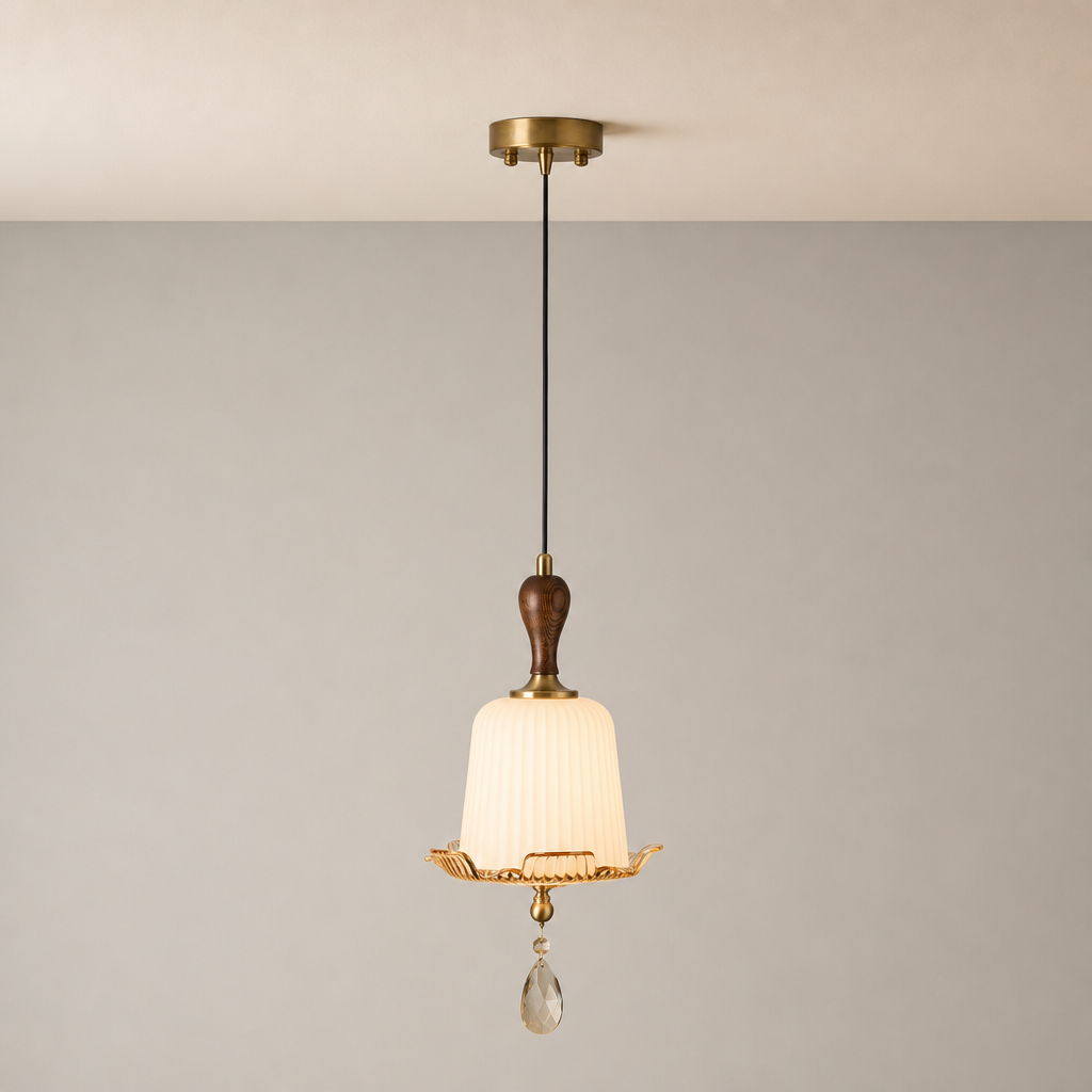 Floralie Fluted Glass Flower and Walnut Pendant Light clean warm neutral wall-top hero