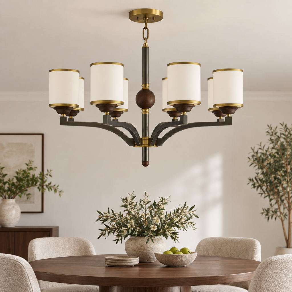 Cylmere six-light cylindrical opal glass and ash wood chandelier with a flush ceiling canopy and compact suspension