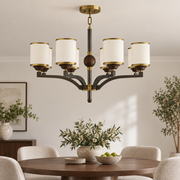Cylmere six-light cylindrical opal glass and ash wood chandelier with a flush ceiling canopy and compact suspension