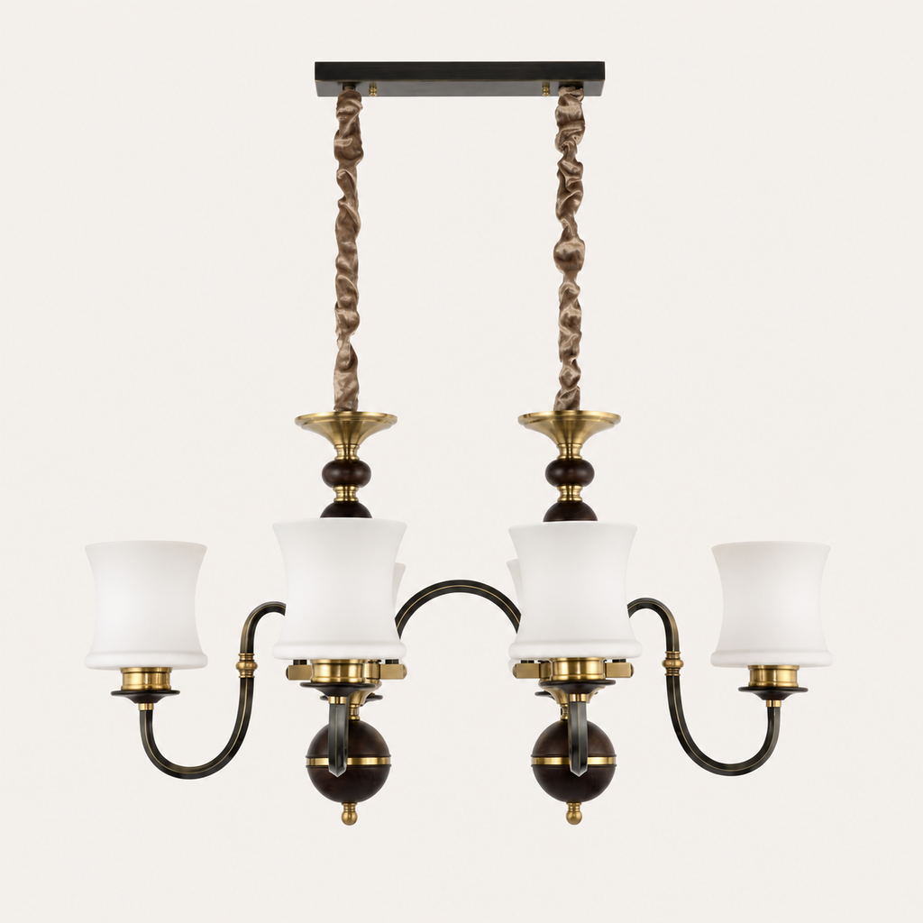 Ebonelle six-light linear chandelier clean hero with complete rectangular canopy