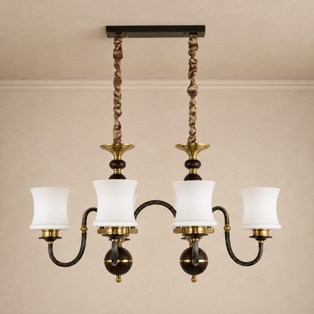 Ebonelle Opal Glass, Blackened Brass and Ash Wood Linear Chandelier clean warm neutral ceiling-connected hero