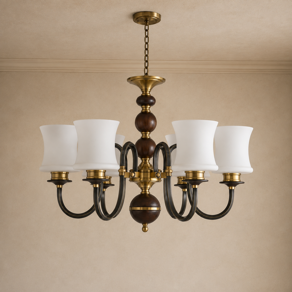 Ebonelle Opal Glass, Blackened Brass and Ash Wood Chandelier clean warm neutral ceiling-connected hero