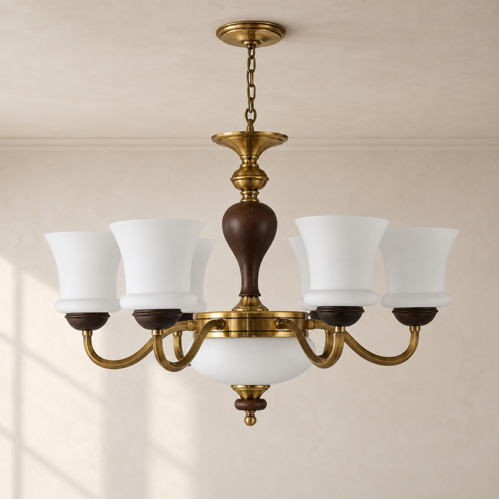 Halveraine six-light flared milk glass and ash wood chandelier with a flush ceiling canopy and short chain