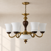 Halveraine six-light flared milk glass and ash wood chandelier with a flush ceiling canopy and short chain