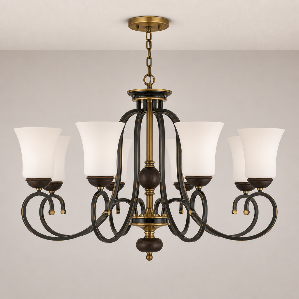 Haverford eight-light chandelier clean hero with complete flush-mounted ceiling canopy